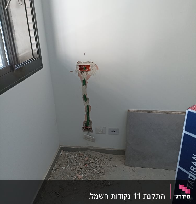 קיר עם חוטי חשמל חשופים ושקעי חשמל